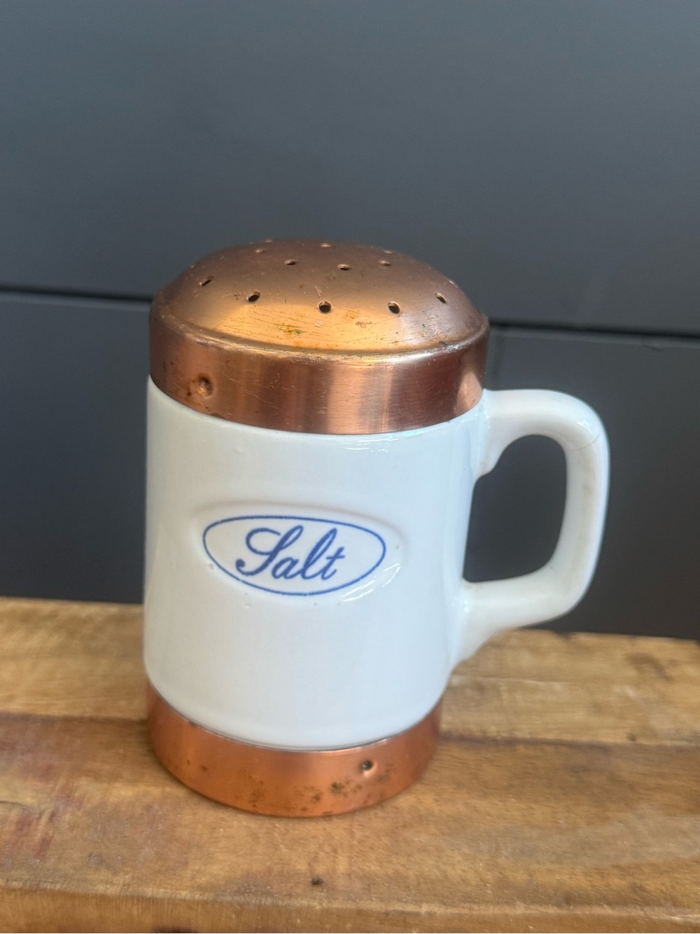 Baker, Hart and Stuart Vintage White Ceramic Salt Shaker with Copper Accents